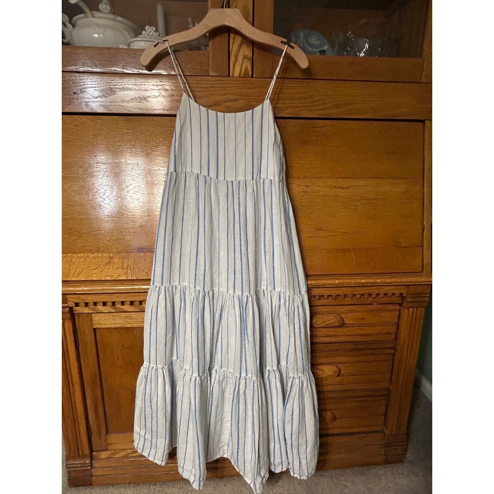 Madewell Blue White Striped Linen Tiered Midi Dress Smocked Back Nautical Boho
